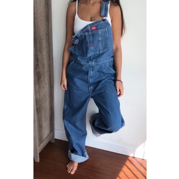 Dickies Denim Jean Overalls Bibs Carpenter Dark‎ Blue workwear y2K  Large - Picture 5 of 8